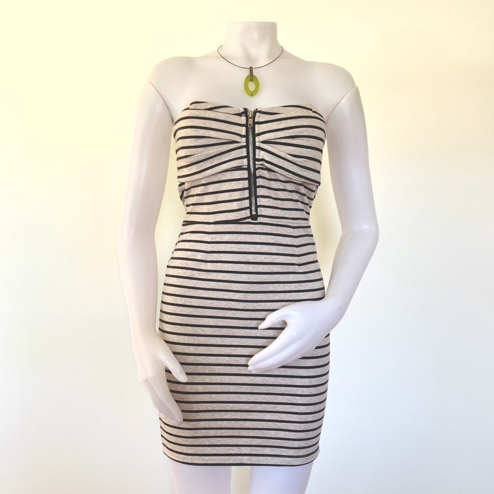 cream and grey gray striped knit fitted mini strapless dress from Australia